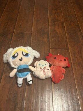 Plush Trio: Blue Powerpuff Plush with White Lamb & Red Axolotl